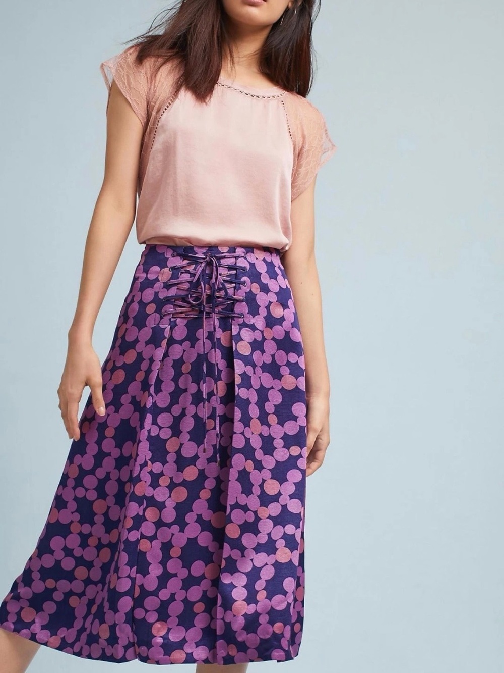 Maeve Zadie plum polka dot lace up skirt